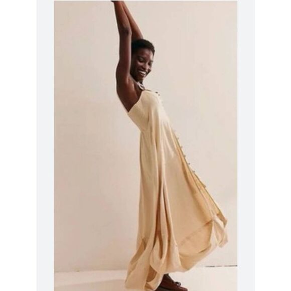 FREE PEOPLE What A Breeze Midi Dress, Sand Rayon/Linen, Assymetrical Hem, NWOT,S - Picture 1 of 10